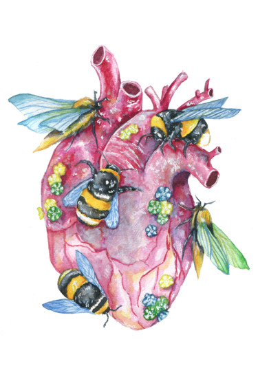 Schilderij getiteld "Heart, bumblebees a…" door Mariya Markina, Origineel Kunstwerk, Aquarel