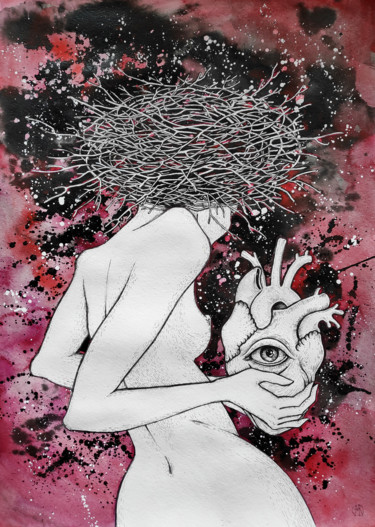 Dibujo titulada "The girl, a nest, a…" por Mariya Markina, Obra de arte original, Pluma de gel