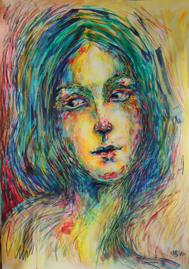 Tekening getiteld "Portrait in yellow" door Mariya Markina, Origineel Kunstwerk, Aquarel