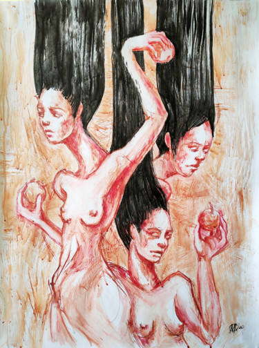 Malerei mit dem Titel "Girls in the Apple…" von Mariya Markina, Original-Kunstwerk, Aquarell