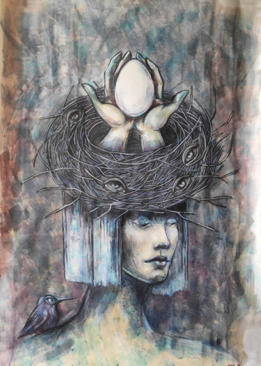 Drawing titled "In my nest" by Mariya Markina, Original Artwork, Watercolor