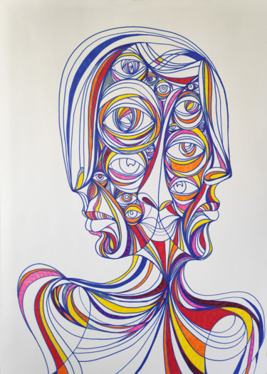 Σχέδιο με τίτλο "All my faces" από Mariya Markina, Αυθεντικά έργα τέχνης, Μαρκαδόρος