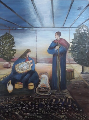 Painting titled "Sagrada família" by Mariza Tomaz  Soares, Original Artwork, Oil Mounted on Wood Stretcher frame