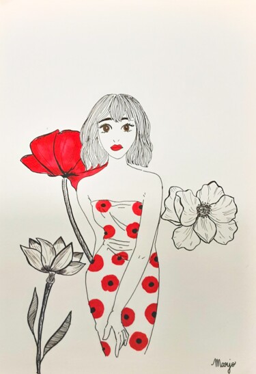 Dessin intitulée "La fille aux coquel…" par Marjocreart, Œuvre d'art originale, Crayon