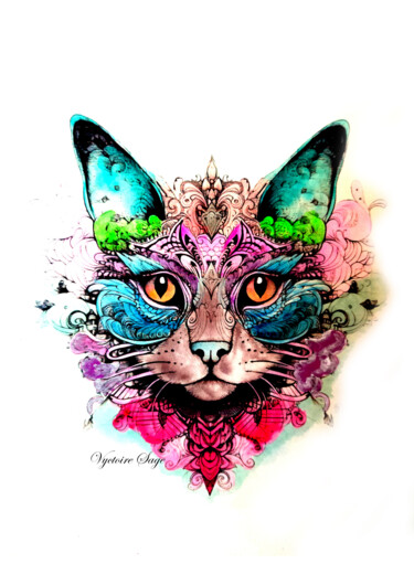 Digital Arts titled "Cat magic" by Marjolaine Bouvier (Vyctoire Sage), Original Artwork, 2D Digital Work