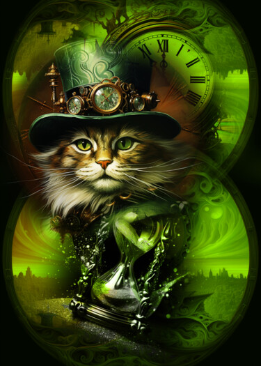 Digital Arts titled "Green Cat Witch" by Marjolaine Bouvier (Vyctoire Sage), Original Artwork, Photo Montage
