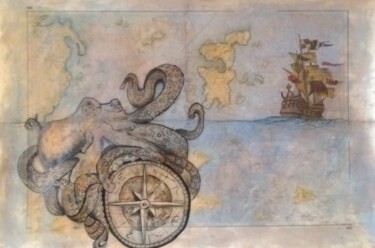 Peinture intitulée "Carte marine Bréhat" par Marjolaine Perreau, Œuvre d'art originale, Huile Monté sur Autre panneau rigide