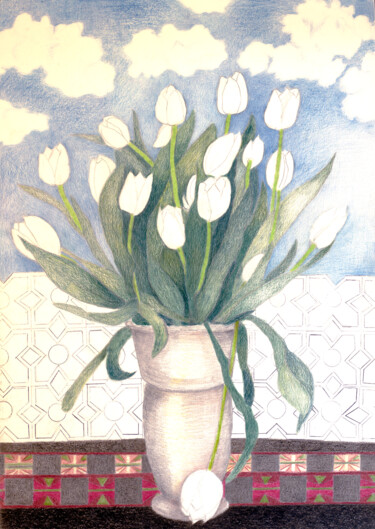 Dessin intitulée "White Tulips: Recei…" par Marjolein Gamble, Œuvre d'art originale, Crayon