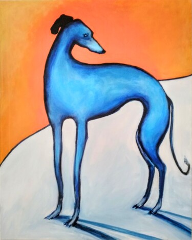 Painting titled "My Blue Galgo" by Marjory Mulrooney, Original Artwork, Acrylic Mounted on Wood Stretcher frame