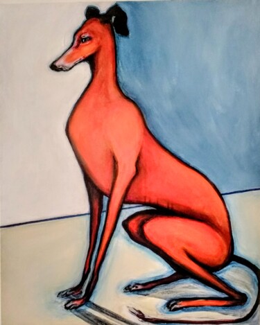 Painting titled "The Red Galgo" by Marjory Mulrooney, Original Artwork, Acrylic Mounted on Wood Stretcher frame