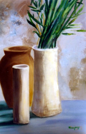 Peinture intitulée "Pot blanc aux bambo…" par Marjyne, Œuvre d'art originale, Huile