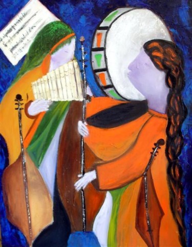 Peinture intitulée "musiciens sans fron…" par Marjyne, Œuvre d'art originale, Huile
