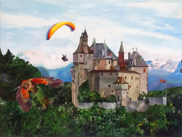 Painting titled "Annecy Flying" by Mark Herzog, Original Artwork, Oil Mounted on Wood Stretcher frame