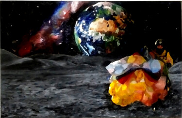 Peinture intitulée ""Moonlanding"" par Mark Herzog, Œuvre d'art originale, Huile Monté sur Châssis en bois
