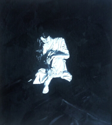 Painting titled "Gudy" by Mark Herzog, Original Artwork, Oil Mounted on Cardboard