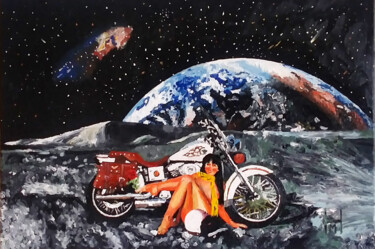 Painting titled ""Harley Ride On The…" by Mark Herzog, Original Artwork, Oil Mounted on Wood Stretcher frame