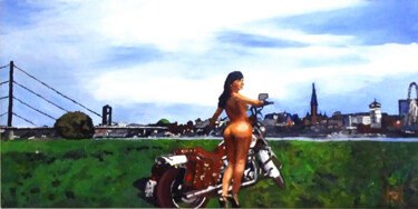 Painting titled ""Checking Out Duess…" by Mark Herzog, Original Artwork, Oil Mounted on Wood Stretcher frame
