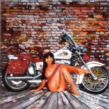 Painting titled ""Waiting To Ride"" by Mark Herzog, Original Artwork, Oil Mounted on Wood Stretcher frame