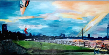 Painting titled ""Landing In Duessel…" by Mark Herzog, Original Artwork, Oil Mounted on Wood Stretcher frame