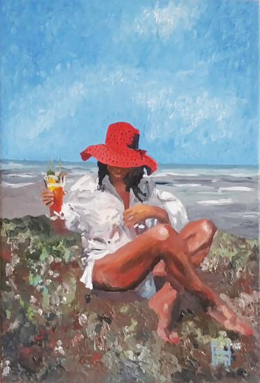 Painting titled ""The Red Hat At The…" by Mark Herzog, Original Artwork, Oil Mounted on Wood Stretcher frame