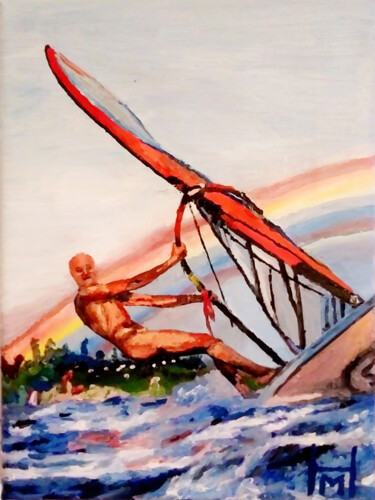 Painting titled ""Windsurfing Self-P…" by Mark Herzog, Original Artwork, Oil Mounted on Wood Stretcher frame
