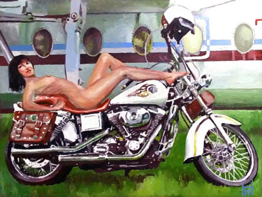 Peinture intitulée ""Harley Akt"" par Mark Herzog, Œuvre d'art originale, Huile Monté sur Châssis en bois