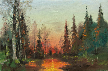 Ζωγραφική με τίτλο "Evening in forest,…" από Mark Kremer, Αυθεντικά έργα τέχνης, Λάδι