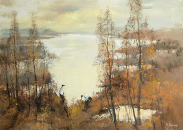 Malerei mit dem Titel "Cranes on the pond" von Mark Kremer, Original-Kunstwerk, Öl