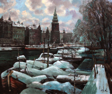 Картина под названием "Amsterdam in snow" - Mark Kremer, Подлинное произведение искусства, Масло