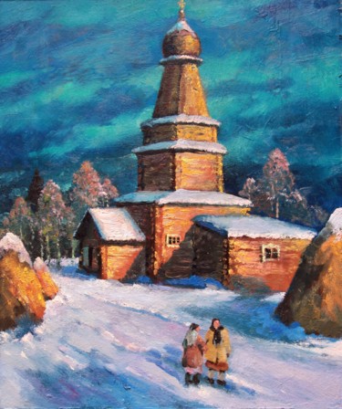 Peinture intitulée "Village church" par Mark Kremer, Œuvre d'art originale, Huile