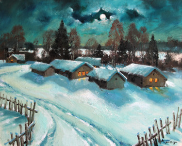 Painting titled "Moonlit Rural Night" by Mark Kremer, Original Artwork, Oil