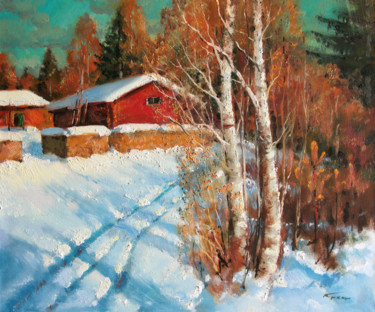 Painting titled "Red rural barn" by Mark Kremer, Original Artwork, Oil