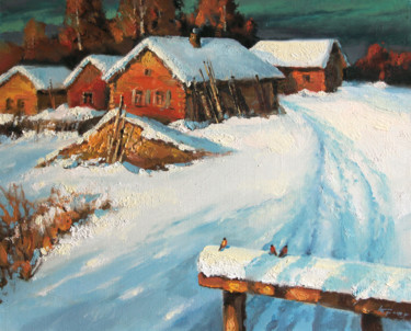 Malerei mit dem Titel "Winter in village.…" von Mark Kremer, Original-Kunstwerk, Öl