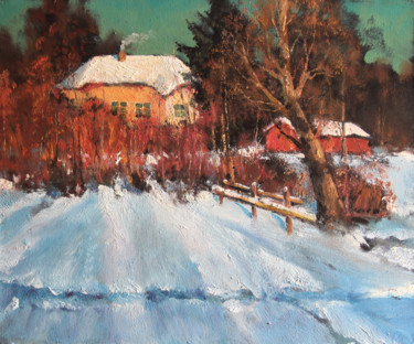 Painting titled "Sunny March, village" by Mark Kremer, Original Artwork, Oil