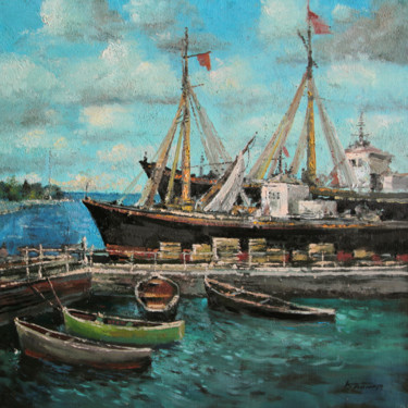 Pintura titulada "Seiner boat in wharf" por Mark Kremer, Obra de arte original, Oleo