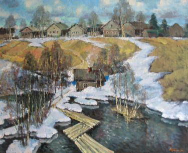 Painting titled "Spring flood" by Mark Kremer, Original Artwork, Oil
