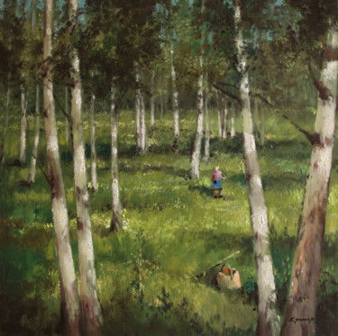 Schilderij getiteld "Birchwood" door Mark Kremer, Origineel Kunstwerk, Olie