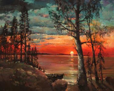 Painting titled "Fiery sunset. Boat…" by Mark Kremer, Original Artwork