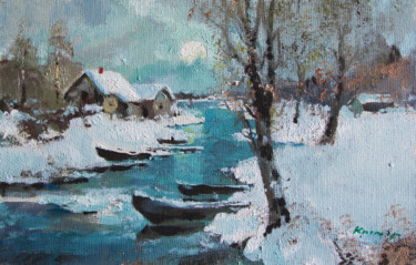 Painting titled "Moonrise. Winter" by Mark Kremer, Original Artwork, Oil