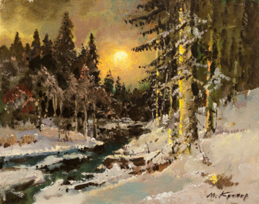 Painting titled "Sunset in the winte…" by Mark Kremer, Original Artwork, Oil