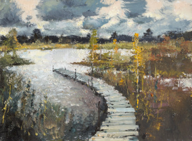 Schilderij getiteld "Lake Footbridge" door Mark Kremer, Origineel Kunstwerk, Olie