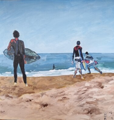 Painting titled "Surfeurs sur la côt…" by Mark Luxton, Original Artwork, Acrylic Mounted on Wood Stretcher frame