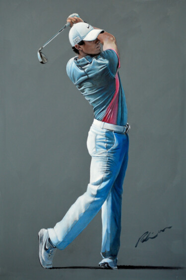 Painting titled "Rory McIlroy 2015" by Mark Robinson, Original Artwork, Digital Print Mounted on Wood Panel
