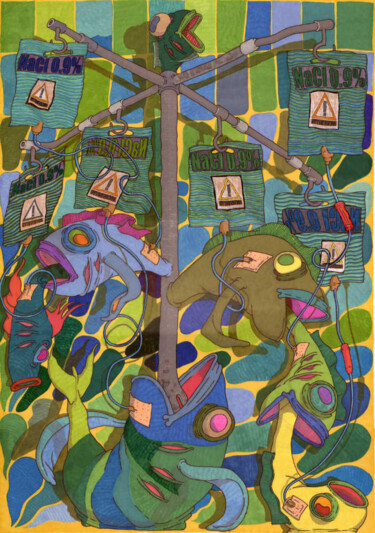 Disegno intitolato "Fish therapy" da Mark Dalderup, Opera d'arte originale, Pennarello