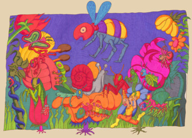 Zeichnungen mit dem Titel "A bee in the garden" von Mark Dalderup, Original-Kunstwerk, Marker