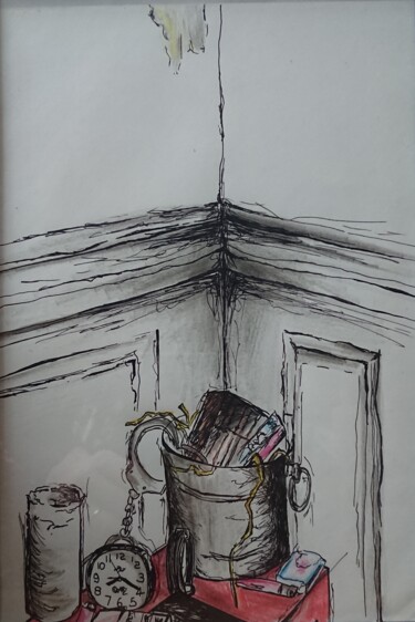 Coin de chambre avec seau à champagne et menottes Dessin intitulée "Coin de chambre ave…" par Marlène Bonnaffé, Œuvre d'art originale, Aquarelle