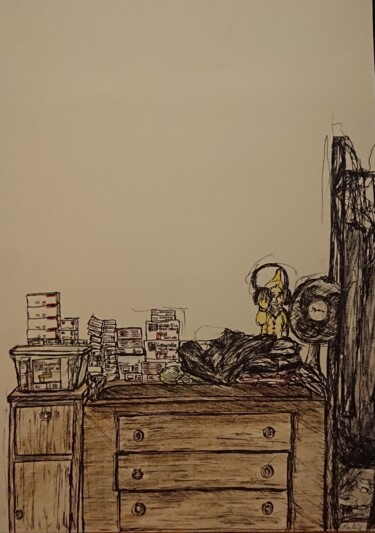 제목이 "Intérieur chambre"인 그림 Marlène Bonnaffé로, 원작, 연필