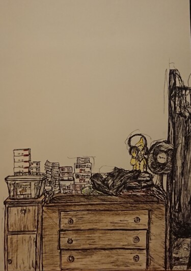 Drawing titled "Intérieur chambre" by Marlène Bonnaffé, Original Artwork, Pencil