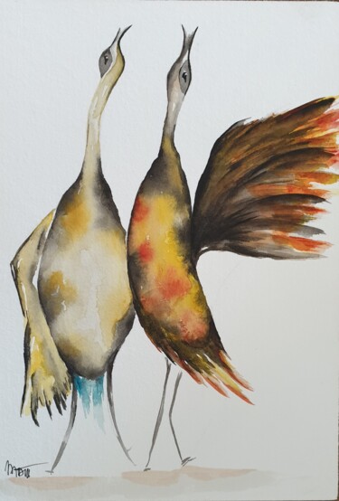 Painting titled "Duo ailé" by Marlène Del Tin, Original Artwork, Watercolor