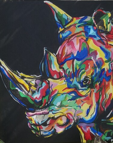 Schilderij getiteld "Rhino" door Marlène Duno, Origineel Kunstwerk, Acryl Gemonteerd op Frame voor houten brancard